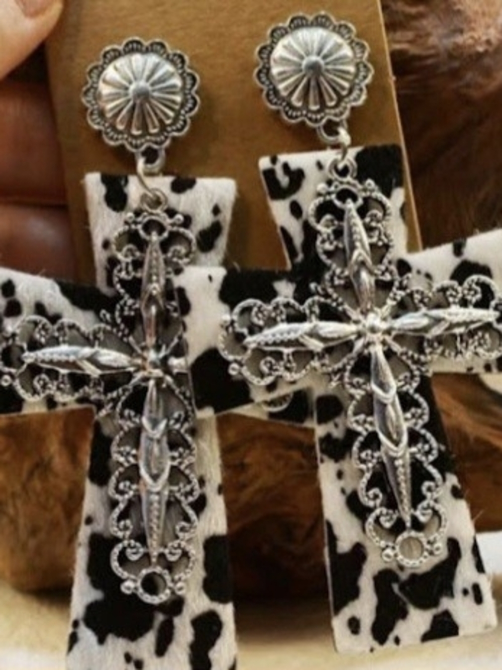 Wrangler Black and White Cowhide Cross Drop Earrings with Silver Accents